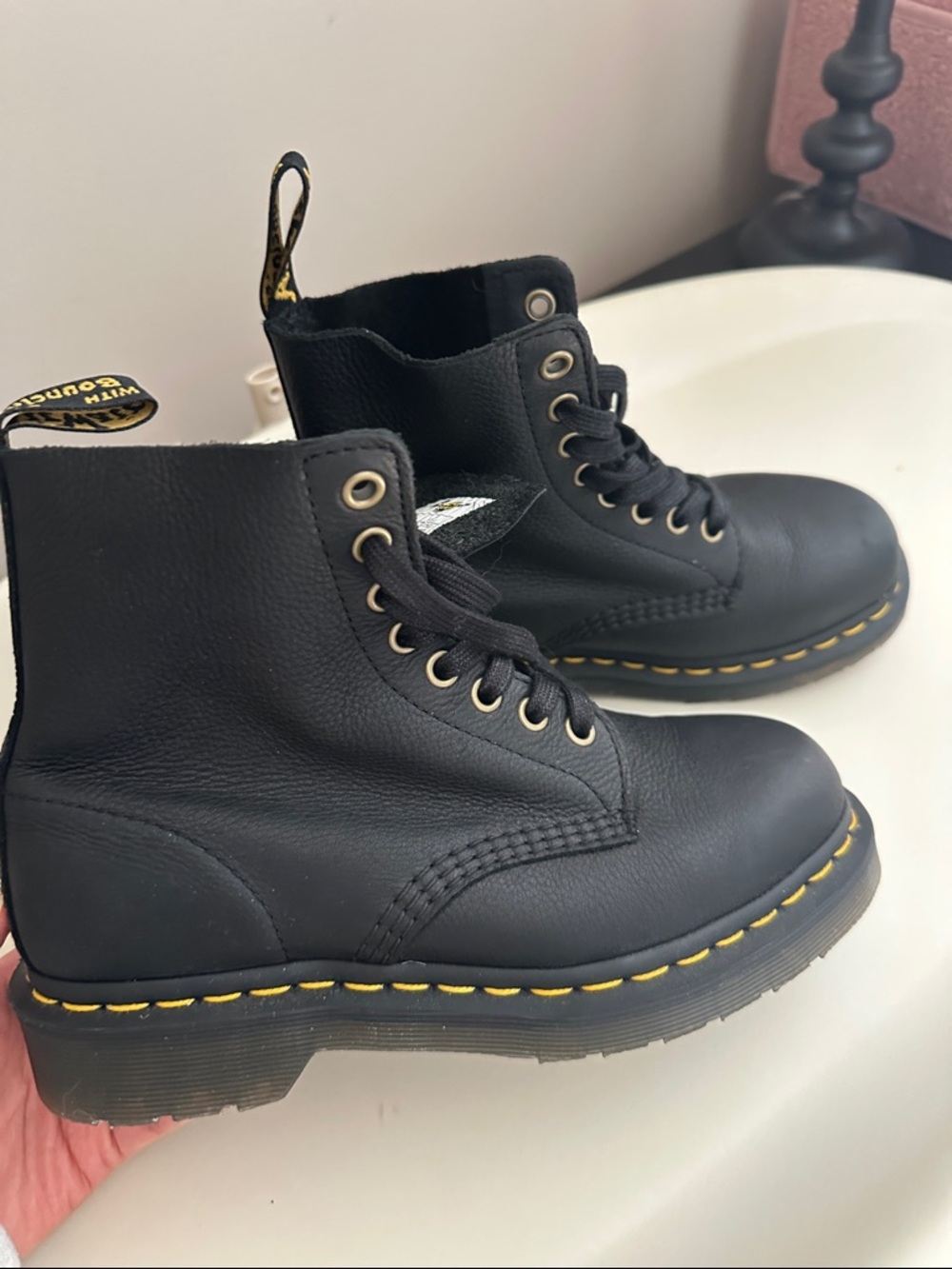 Dr. Martens Black Leather Lace-Up Boots with Yellow Stitching